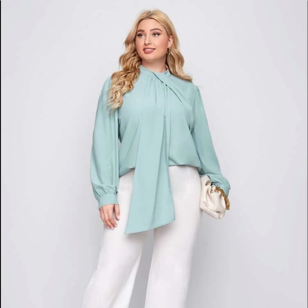 Mock Neck Draped Collar Blouse